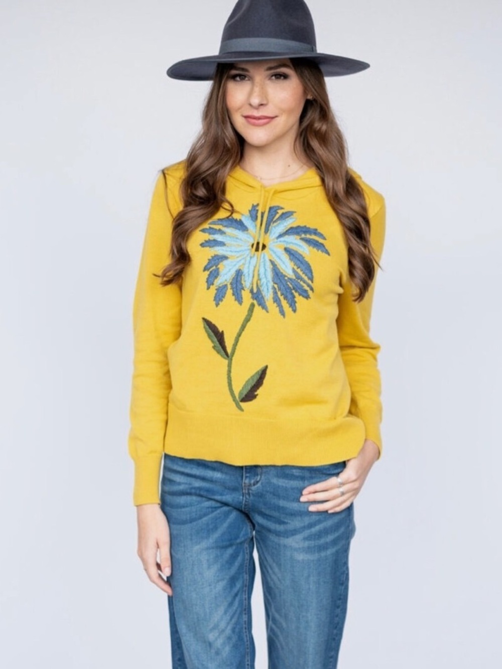 Evy's Tree Naomi‎ Floral Embroidered Sweater Hoodie SZ Small in Yellow & Blue
